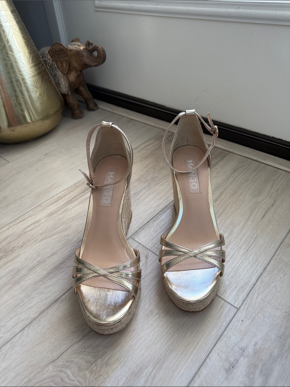 Mango | Metallic Gold Wedge Sandals with Ankle Strap